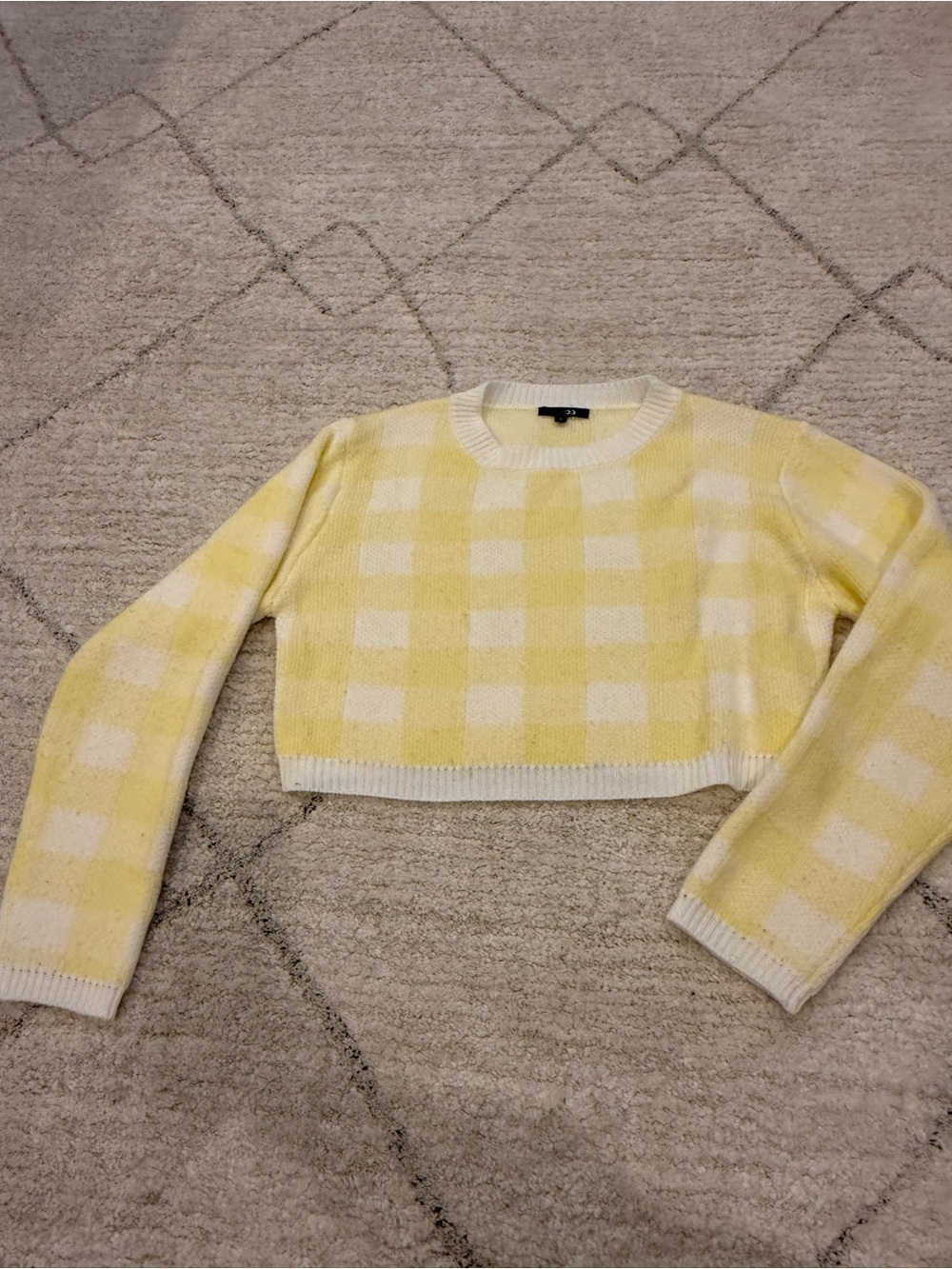 PaperMoon Women’s Cropped Yellow Gingham Crewneck Sweater Size Small